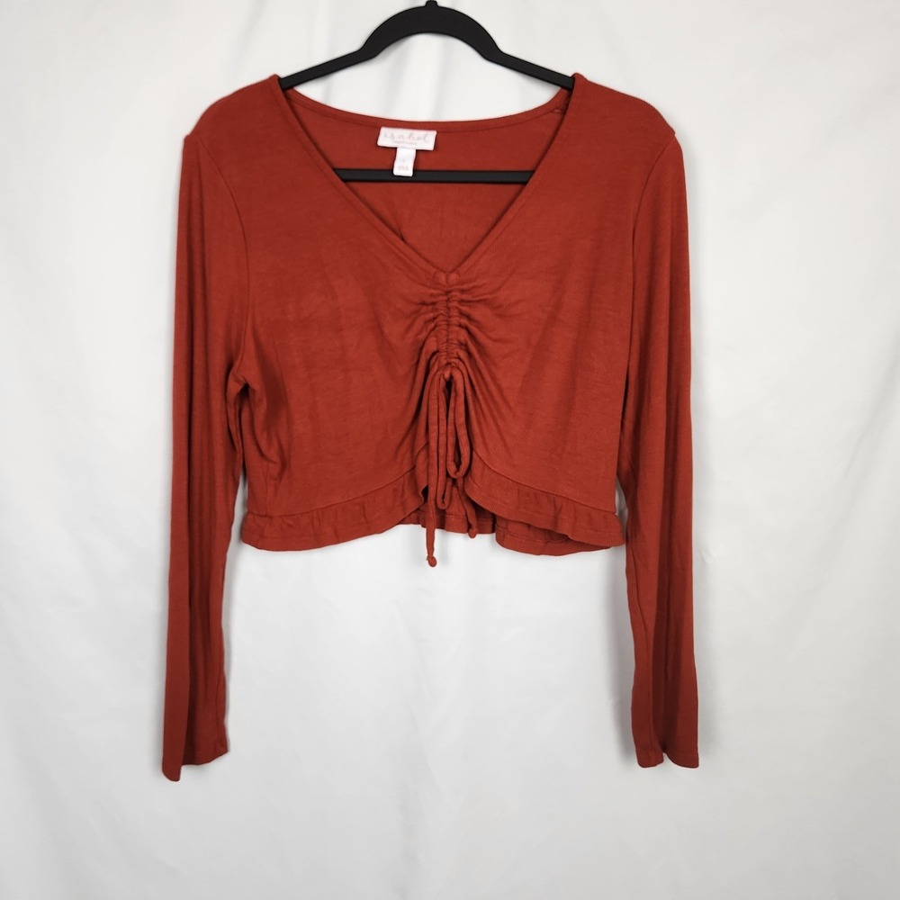 Ingrid and Isabel‎ Ribbed Crop Long Sleeve Tie Front Cinched Orange Sz Large